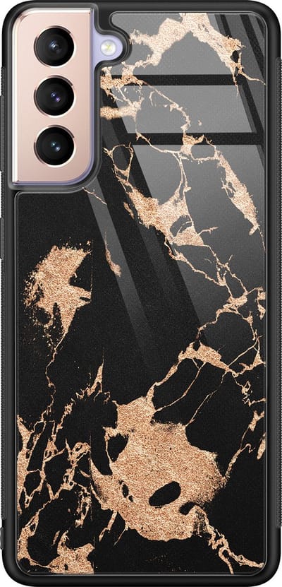 Hoesje geschikt voor Samsung Galaxy S21 - Marmer zwart brons - Luxe Glazen Hardcase - Marmer - Zwart