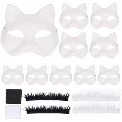 10 STUKS Kat Therian Gezichtsmasker Papier DIY Handgeschilderd Blanco Dieren Kat Half Gezichtsmasker met Vacht en white