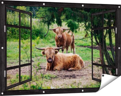 Gards Tuinposter Doorkijk Twee Schotse Hooglanders in de Bossen - 120x80 cm - Tuindoek - Tuindecoratie - Wanddecoratie buiten - Tuinschilderij