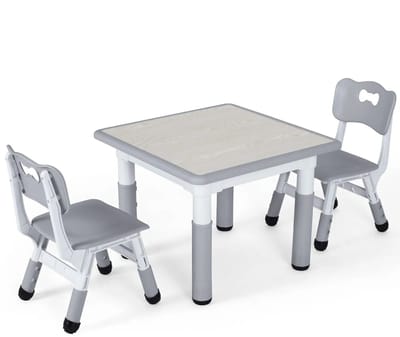NaevaMi Kindertafel - Kinderbureau - incl 2 Kinderstoeltjes - Speeltafel voor Kinderen - Peuter Tafel en Stoel - In Hoogte Verstelbaar - Voor 3-8 jaar - Multi-activiteit Bureauset - Stevige Structuur - 60x60cm - Grijs