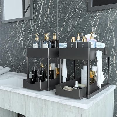 Famanu - Set van 2 keukenorganizer voor onder de gootsteen, schuiflade, uittrekbare organizer voor onder de gootsteen met haken, onder de gootsteenplank voor keuken, badkamer