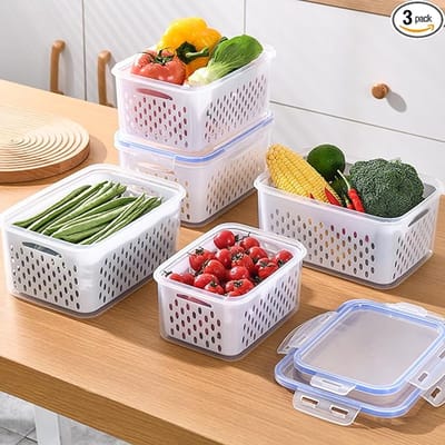 3 Stuks Fruitopslagcontainers voor Koelkast - Bessenopslagset met Afneembare Zeefdeksel - Bessencontainer voor Koelkast - BPA-vrije Kunststof Crisper voor Langdurige Versheid