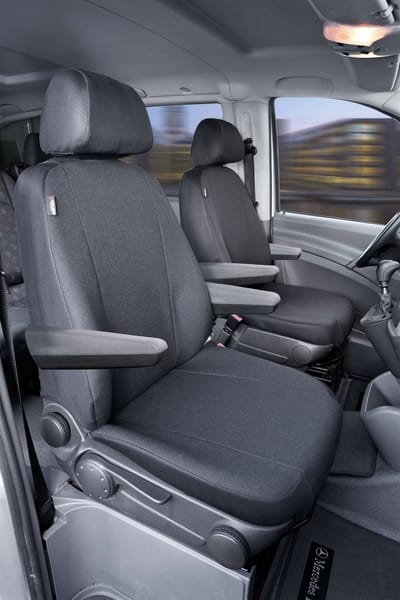 Walser Autostoelhoes Transporter Fit van stof antraciet geschikt voor Mercedes-Benz Viano/Vito - 2 enkele voorstoelen (armleuninguitsparing rechts & - links)