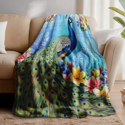 Elegante Vintage Pauw Dekentje met Fluffy Zachte Fleece voor Woonkamer, Slaapkamer en Camping 130x137cm