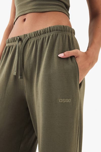 Dames DSGN Studio Geborduurd Ribstof Wijde Pijpen Broek | Washed Khaki | Maat: XL