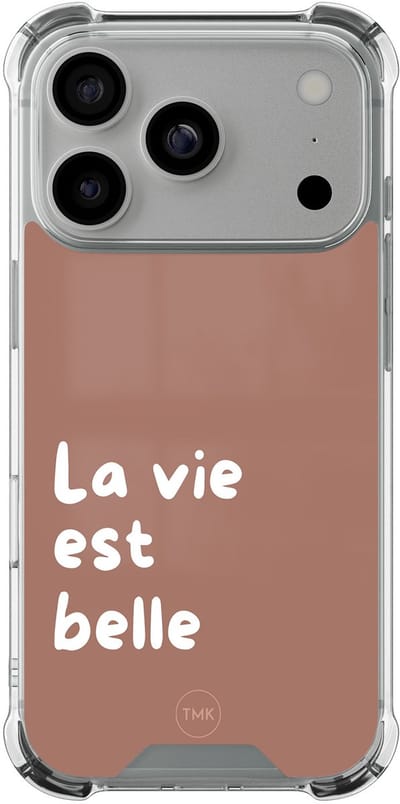 Shockproof hoesje geschikt voor Apple iPhone 17 Pro - La vie est belle - Schokbestendig - Verhoogde randen - TPU case - Extra Sterke Back Cover - Tekst - Transparant, Bruin