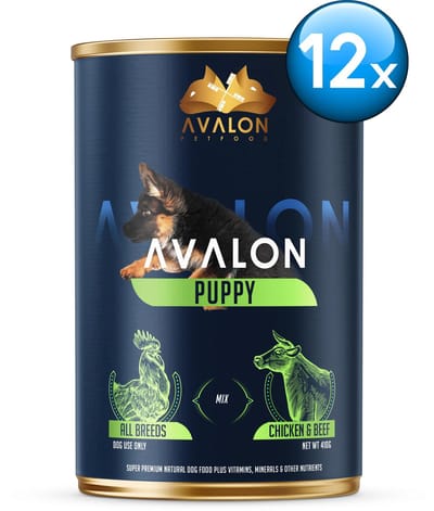 Avalon Petfood Puppy - Hondenvoer Natvoer – 12 x 410g Blik - Graanvrij - Kip - Rund - Puppy Hondenvoer