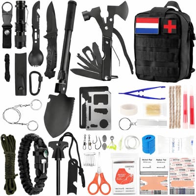 XXL Survival Kit 92-in-1 – Noodpakket Outdoor & Camping – Bushcraft Survival Set met EHBO Kit, Multitool, Bijl, Zaklamp & Paracord – Inclusief Tactische Tas met NL Patch