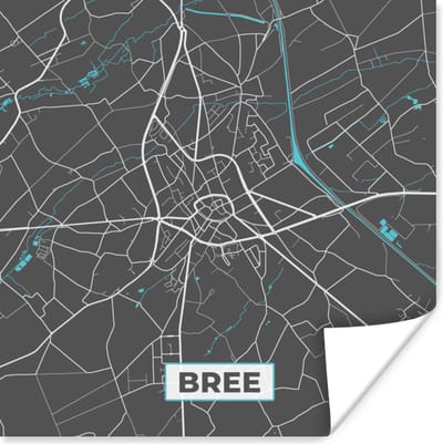 Poster Plattegrond – Bree – Blauw – Stadskaart - België - Kaart - 100x100 cm XXL