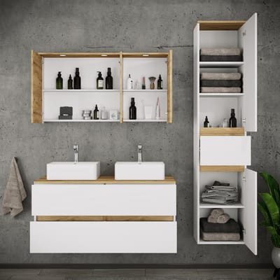 VCM 5-tlg. Doppelwaschtisch Cosila mit 2 Keramikbecken – Badschrank H. 51 x B. 111 x T. 51 cm mit 2 Softclose-Schubladen, Spiegelschrank mit Beleuchtung & Steckdose und Hochschrank Cosila-A