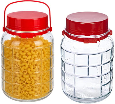 Alessandro XXL voedsel opslag container - 2x - glas - 3 liter - afsluitdop en hengsel - transparant/rood - Weckpotten - Opslagpotten - 16 x 24 cm