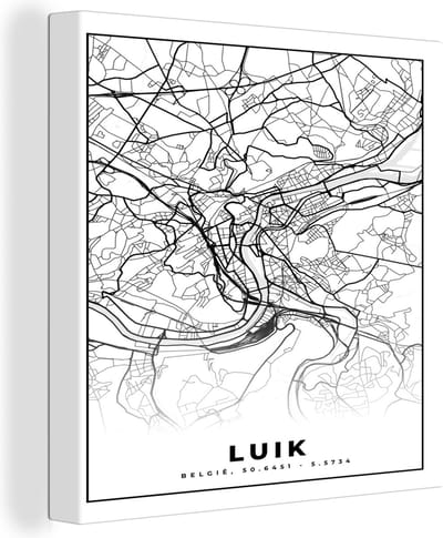 Canvas Schilderij Stadskaart – Zwart Wit - Kaart – Luik – België – Plattegrond - 20x20 cm - Wanddecoratie