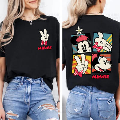 2025Zomer 2-zijdig Disney Klassiek Minnie Mouse Pose Mickey en Vrienden Disney Schattige Minnie Mouse 100% Puur Katoen Bedrukt T-shirt XL white