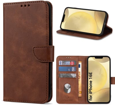 Multimedia & Accessoires PU Lederen Wallet Book Case Hoesje geschikt voor Apple iPhone 16e/iPhone 17e – Donkerbruin - Portemonnee – Met Stand – Kaarthouder – Pasjes Houder – Magneet Sluiting – Bookcase