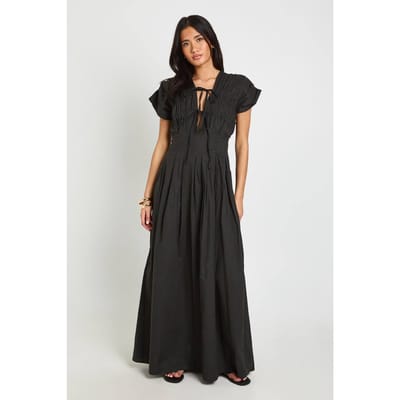 boohoo Dames Katoenen Popeline Maxi Jurk Met Gerimpeld Lijfje En Strikdetail In De Taille | Zwart | Maat: 36