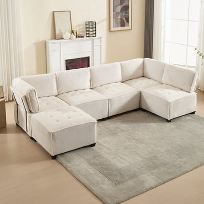 Hoekbank - Modulaire 6-zitsbank, corduroy stof, ergonomisch, opbergvakken, flexibel te combineren als U-vorm/L-vorm/slaapbank, stabiel frame - hout - metaal, eenvoudige montage - Beige