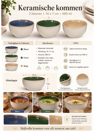 Excellent Houseware Soepkom Kenji - set van 4x - groen - 14 x 7 cm - keramiek - schaaltjes - 580 ml