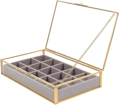 Glazen Sieradenkist - Opbergdoos Organizer - Sieraden Opbergen - Transparant Deksel - 15 Vakken - Multicolor