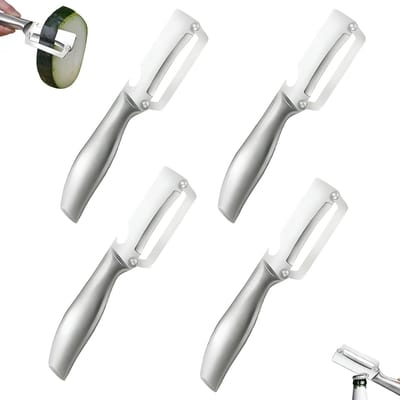 Set van 4 dunschillers – 2-in-1 aardappelschiller met flesopener – Roestvrijstalen groenteschiller met handvat en breed lemmet – Dunschiller voor groenten, aardappelen, wortelen en komkommers