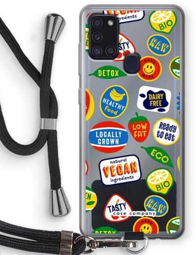 Case Company® - Hoesje met koord geschikt voor Samsung Galaxy A21s hoesje met Koord - Fruitsticker - Telefoonhoesje met Zwart Koord - Bescherming aan alle Kanten en Over de Schermrand