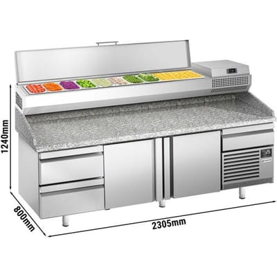 GGM Gastro Pizzakühltisch Premium PLUS - 2305x800mm - mit 2 Türen & 3 Schubladen - inkl. Kühlaufsatzvitrine - 10x GN 1/3 Zilver