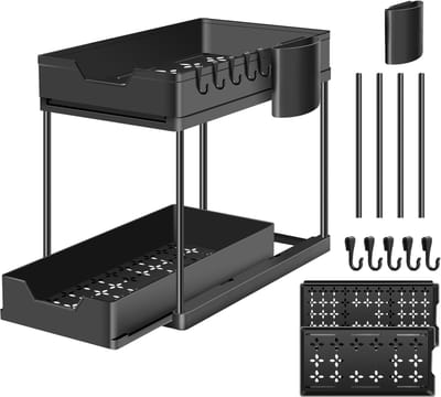 Onder gootsteen opbergrek, 2-laags keuken opbergorganizer met uitschuifbare lades, opbergrek voor keuken, badkamer en wasruimte, inclusief haken en bekerhouder, zwart