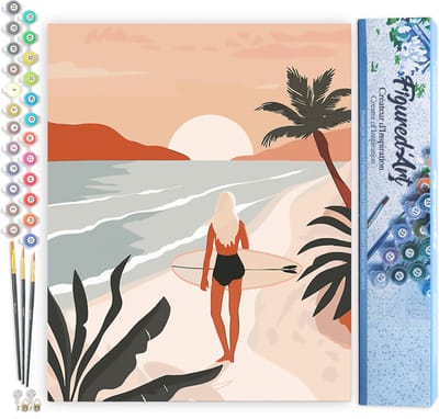Figured'Art Schilderen op Nummer Volwassenen canvas Strandwandeling bij zonsondergang- Handwerk acrylverf Kit DIY Compleet - 40x50cm zonder frame