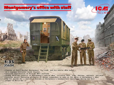ICM Modelbouwpakket Diorama - 35604 Montgomerys Kantoor met Personeel - WWII Figuren en Leyland Retriever Truck - Diorama Plastic - 1:35 - Modelbouw