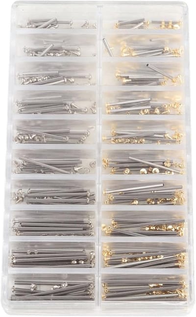 Stainless Steel Schroefbuis voor Horlogeband, 10 Maten, 1.3 Mm Breed, Reparatietool met Opbergdoos - 200 Stuks in Goud en Zilver voor Horloge Accessoires