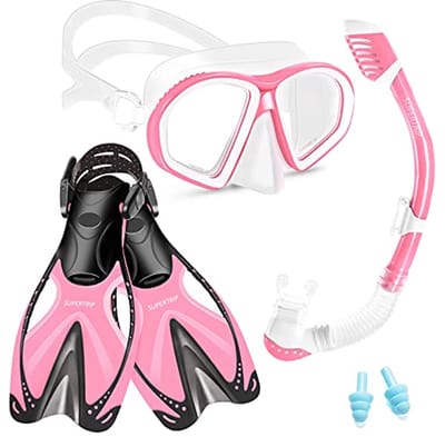3-delige Snorkelset voor Kinderen - Duikbril met Geharde Glas, Dry Snorkel en Verstelbare Vinnen