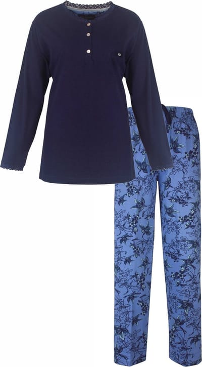 Medaillon Dames Pyjama - Lange Mouwen - Gebloemd - Blauw - Maat S