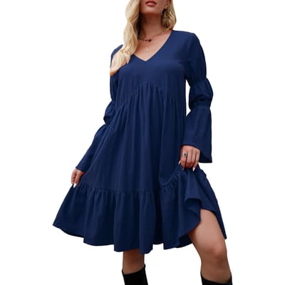 Damesjurk met lange mouwen, V-hals, A-lijn vakantiejurk 3X-Large donkerblauwe kleur