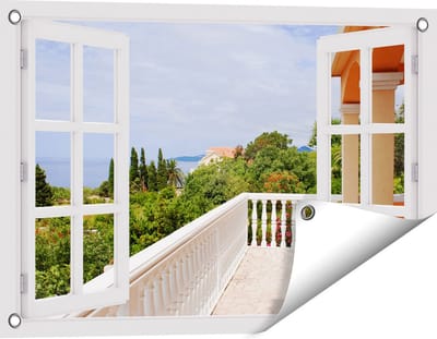 Gards Tuinposter Doorkijk Terras in Toscane - 60x40 cm - Tuindoek - Tuindecoratie - Wanddecoratie buiten - Tuinschilderij