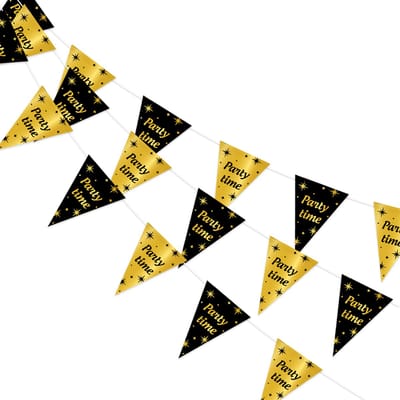 Q2P - Slingers - Party Time - Verjaardag - Versiering - Decoratie - Feestversiering - Vlaggenlijn - Goud - Zwart