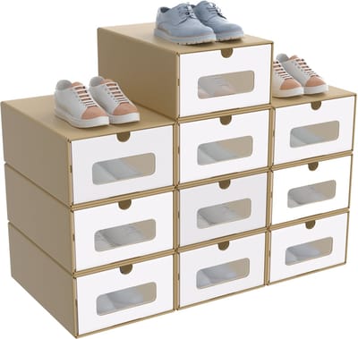 Froadp Set van 10 stapelbare dozen – lade met venster van kraftpapier, schoenen- en speelgoeddoos voor het opbergen van accessoires, 23,5 x 34,5 x 13,5 cm – bruin