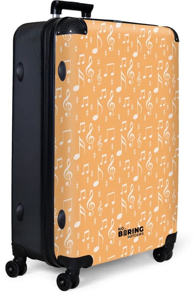 NoBoringSuitcases.com® - Koffer groot - Reiskoffer lichtgewicht - Muzieksymbolen als patroon op oranje achtergrond - Rolkoffer met 4 wielen - Grote trolley XL - 98 liter bagage