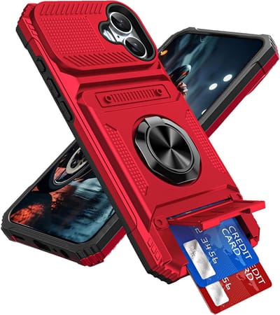 Case voor iPhone 16 met Kaartsleuf en Ring Kickstand - Schokbestendige Rugged Hard Shell Wallet Cover in Rood