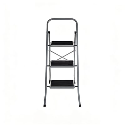 Driedelige opvouwbare ladder 46,5×74,5×105 cm grijs-zwart met 20 cm brede treden, stalen constructie tot 150 kg, antisliptreden + leuning + antislipvoeten, licht en inklapbaar, ideaal voor huishoudelijke klussen op hoogte