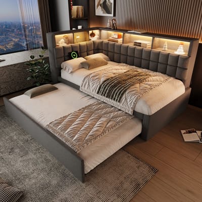 REDOM Bedframe met opbergruimte 90x200 cm – Met uitschuifbed, L-hoofdbord met LED, Bluetooth en USB/Type-C – Grijs