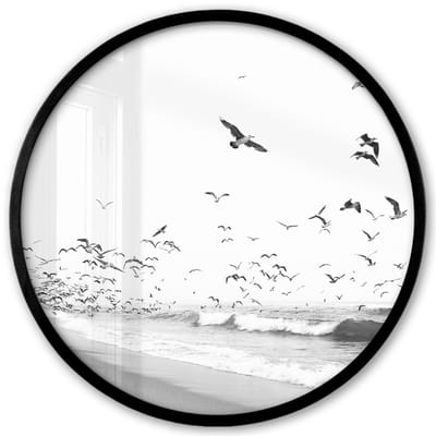 Poster in lijst Rond - Fotolijst 40x40 cm - Posters - Strand - Zee - Golven - Vogels - Natuur - Ronde posterlijst zwart - Decoratie - Wanddecoratie woonkamer - Muurdecoratie slaapkamer