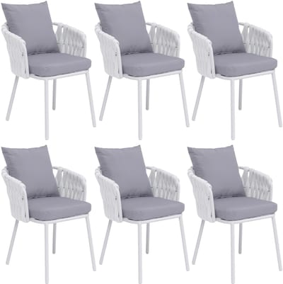 Set van 6 aluminium eetkamerstoelen MCW-P89, stoel voor binnen met armleuningen, stof/textiel (180 g/m²) met gevlochten touw ~ lichtgrijs