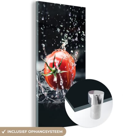 MuchoWow® Glasschilderij 60x120 cm - Schilderij acrylglas - Tomaat - Groente - Stilleven - Water - Rood - Foto op glas - Schilderijen