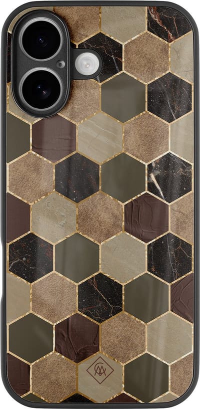 Casimoda® hoesje - Geschikt voor iPhone 16 - Kubus Bruin Groen - Luxe Hard Case Zwart - Backcover telefoonhoesje - Bruin/beige