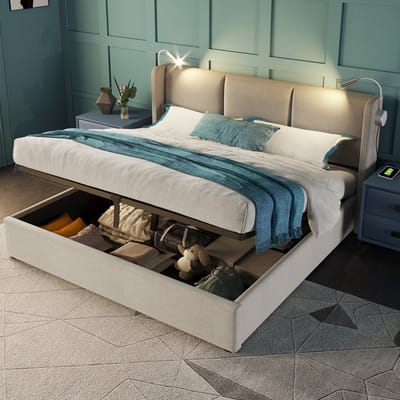 MEUNIQ tweepersoons opbergbed 160x200 cm met lattenbodem, hoofdbord met leeslamp en USB, hydraulische opbergruimte, stoffen bedframe voor slaapkamer, beige