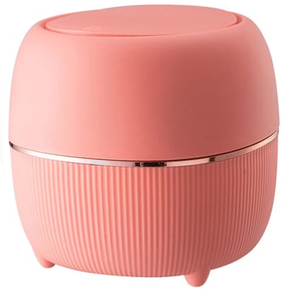 Mini-prullenbak van plastic voor op het bureau, prullenbak, kleine prullenbak met knopdeksel - klein, afgesloten en geurbestendig, geschikt voor woonkamer, slaapkamer, keuken en kantoor (roze)