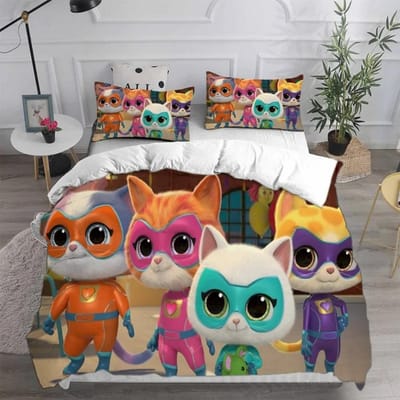 Anime Super Kitties Dekbedovertrek, Super Kitties Beddengoedsets, 3D Digitaal Geprint Dekbedovertrek Kussensloopsets Kinderen Volwassen Maat 178x220cm 3pcs