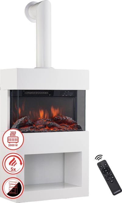KAMINIO Elektrische haard HENRI met rookafvoerbuis - Elektrische houtkachel met verwarming, 3D-vlameffect, houtopslag, afstandsbediening - Wit
