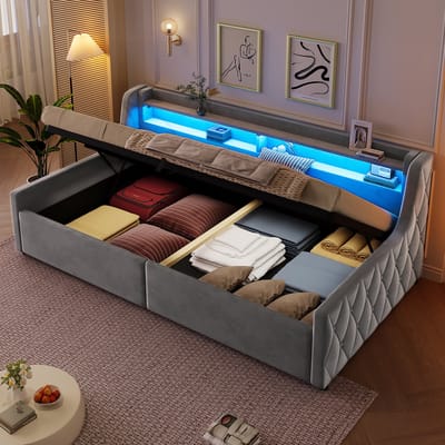 Gestoffeerd eenpersoonsbed 90x200 cm - bed met hydraulische opbergruimte - bed met led-hoofdbord - voor kinderkamer-gastenkamer of compacte slaapkamer-grijs