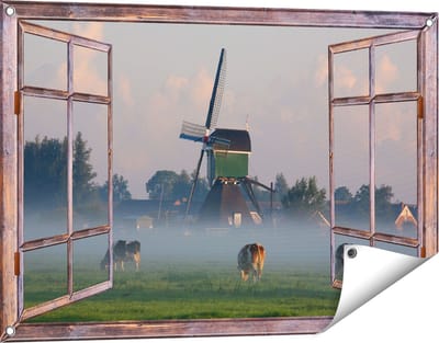 Gards Tuinposter Doorkijk Landschap met Koeien - 90x60 cm - Tuindoek - Tuindecoratie - Wanddecoratie buiten - Tuinschilderij