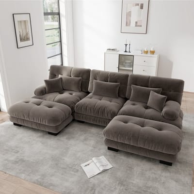 Wishdor - Modulaire Hoekbank - Diepe Zitting - Vintage - Voor Woonkamer - Chenille - Bruin